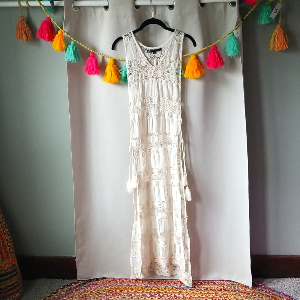 White & Cream Embroidered Beach Cover Up Full Length. Slits Up Leg